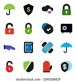 solid vector ixon set - cook glove vector, dollar shield, safe, umbrella, protected, patch, cloud, lock, unlock