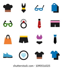solid vector ixon set - cook hat vector, glasses, tie, snickers, shorts, swimsuite, shopping bag, diamond ring, clothes