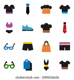 solid vector ixon set - cook hat vector, glasses, tie, snickers, shorts, swimsuite, t shirt, shopping bag, clothes
