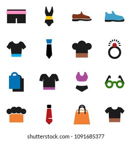 solid vector ixon set - cook hat vector, glasses, tie, snickers, shorts, swimsuite, t shirt, shopping bag, diamond ring, clothes