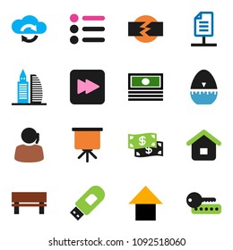 solid vector ixon set - cook timer vector, presentation, cash, arrow up, support, forward button, cloud exchange, usb modem, bench, network document, disconnection, office building, home, menu