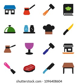 solid vector ixon set - cook hat vector, spatula, knife, meat hammer, turk coffee, cookbook, spices, dish, steak, office, glass, table