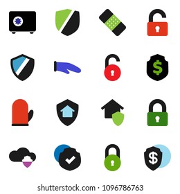 solid vector ixon set - cook glove vector, dollar shield, safe, protected, patch, cloud, lock, unlock, home protect