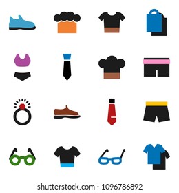 solid vector ixon set - cook hat vector, glasses, tie, snickers, shorts, swimsuite, t shirt, shopping bag, diamond ring, clothes
