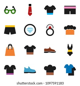 solid vector ixon set - cook hat vector, glasses, tie, snickers, shorts, swimsuite, t shirt, shopping bag, diamond ring, clothes
