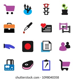 solid vector ixon set - cook glove vector, steak, cart, credit card, case, heart monitor, traffic light, clipboard, document, film frame, group, rec button, dropper, route arrow, flower in pot