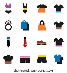solid vector ixon set - cook hat vector, tie, snickers, shorts, swimsuite, t shirt, shopping bag, diamond ring, clothes