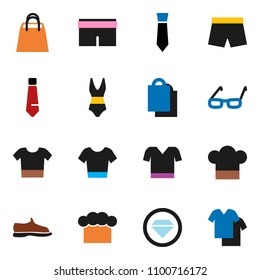 solid vector ixon set - cook hat vector, glasses, tie, snickers, shorts, swimsuite, t shirt, shopping bag, diamond ring, clothes