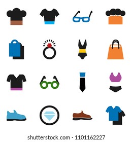 solid vector ixon set - cook hat vector, glasses, tie, snickers, swimsuite, t shirt, shopping bag, diamond ring, clothes