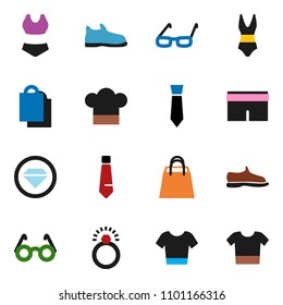 solid vector ixon set - cook hat vector, glasses, tie, snickers, shorts, swimsuite, t shirt, shopping bag, diamond ring, clothes
