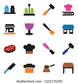 solid vector ixon set - cook hat vector, spatula, knife, meat hammer, turk coffee, cookbook, spices, steak, office, glass, table