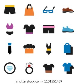 solid vector ixon set - cook hat vector, glasses, tie, snickers, shorts, swimsuite, t shirt, shopping bag, diamond ring, clothes