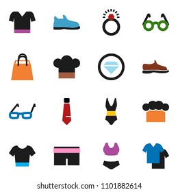 solid vector ixon set - cook hat vector, glasses, tie, snickers, shorts, swimsuite, t shirt, shopping bag, diamond ring, clothes