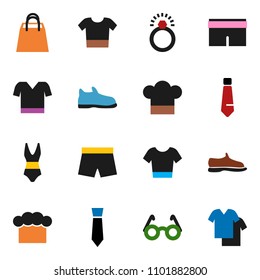 solid vector ixon set - cook hat vector, glasses, tie, snickers, shorts, swimsuite, t shirt, shopping bag, diamond ring, clothes
