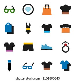 solid vector ixon set - cook hat vector, glasses, tie, snickers, shorts, swimsuite, t shirt, shopping bag, diamond ring, clothes