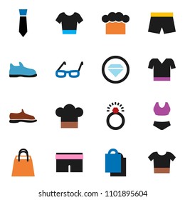 solid vector ixon set - cook hat vector, glasses, tie, snickers, shorts, swimsuite, t shirt, shopping bag, diamond ring, clothes