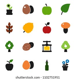 solid vector ixon set - cook press vector, egg, mushroom, potato, oil, apple fruit, leaf, diet, cereals, tree, flower in pot