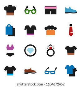 solid vector ixon set - cook hat vector, glasses, tie, snickers, shorts, swimsuite, t shirt, shopping bag, diamond ring, clothes