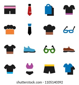 solid vector ixon set - cook hat vector, glasses, tie, snickers, shorts, swimsuite, t shirt, shopping bag, clothes