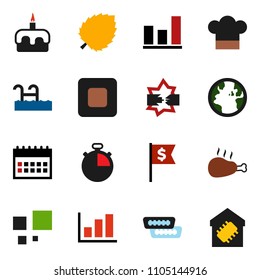 solid vector ixon set - cook hat vector, cake, chicken leg, leaf, graph, dollar flag, calendar, stopwatch, earth, stop button, hdmi, disconnection, loading, pool, smart home