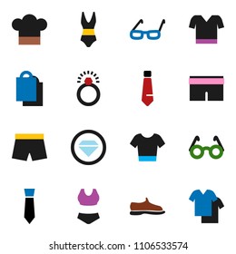 solid vector ixon set - cook hat vector, glasses, tie, snickers, shorts, swimsuite, t shirt, shopping bag, diamond ring, clothes