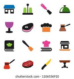 solid vector ixon set - cook hat vector, spatula, knife, turk coffee, cookbook, spices, dish, steak, office, glass, table