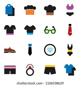 solid vector ixon set - cook hat vector, glasses, tie, snickers, shorts, swimsuite, t shirt, shopping bag, diamond ring, clothes