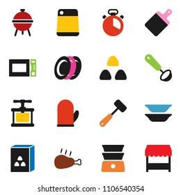 solid vector ixon set - cook glove vector, timer, press, ladle, meat hammer, cutting board, microwave oven, double boiler, bbq, plates, cereal, chicken leg, market