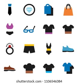 solid vector ixon set - cook hat vector, glasses, tie, snickers, shorts, swimsuite, t shirt, shopping bag, diamond ring, clothes