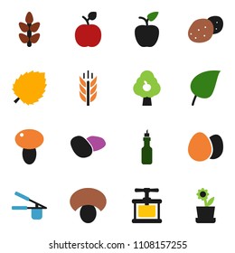 solid vector ixon set - cook press vector, egg, mushroom, potato, oil, apple fruit, leaf, cereals, tree, flower in pot
