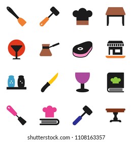 solid vector ixon set - cook hat vector, spatula, knife, meat hammer, turk coffee, cookbook, spices, steak, office, glass, table