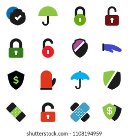 solid vector ixon set - cook glove vector, dollar shield, umbrella, protected, patch, lock, unlock