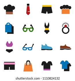 solid vector ixon set - cook hat vector, glasses, tie, snickers, shorts, swimsuite, t shirt, shopping bag, diamond ring, clothes