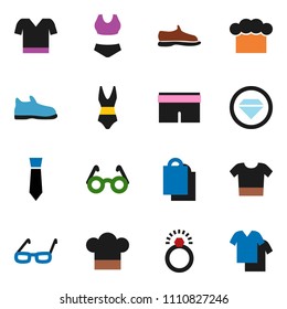 solid vector ixon set - cook hat vector, glasses, tie, snickers, shorts, swimsuite, t shirt, shopping bag, diamond ring, clothes
