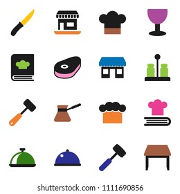 solid vector ixon set - cook hat vector, knife, meat hammer, turk coffee, cookbook, spices, dish, steak, office, glass, table