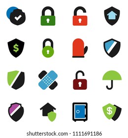 solid vector ixon set - cook glove vector, dollar shield, safe, umbrella, protected, patch, lock, unlock, home protect
