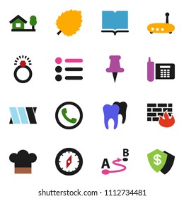 solid vector ixon set - cook hat vector, book, compass, leaf, phone, route, thumbtack, bandage, tooth, firewall, router, chalet, diamond ring, menu, dollar shield
