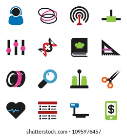 solid vector ixon set - cookbook vector, spices, plates, corner ruler, exam, heart pulse, hoop, big scales, antenna, settings, dna, magnifier, scissors, connect, support, tap pay