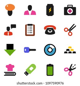 solid vector ixon set - cookbook vector, mushroom, pie graph, arrow down, gold ingot, enegry drink, first aid kit, speaking man, battery, scissors, usb modem, key, consumer, phone, shopping list