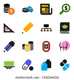 solid vector ixon set - cookbook vector, jar, pencil, corner ruler, coin stack, money search, hierarchy, buttocks, pills, stadium, truck trailer, newspaper