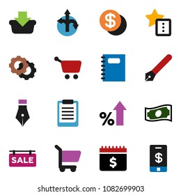 solid vector ixon set - copybook vector, pen, clipboard, cash, percent growth, dollar calendar, route, gear, favorites, sale signboard, coin, basket, cart, tap pay