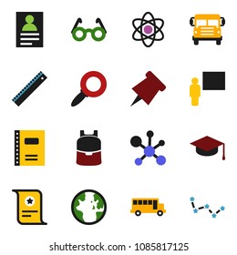 solid vector ixon set - copybook vector, graduate hat, blackboard, ruler, glasses, backpack, atom, paper pin, certificate, school bus, world, personal information, molecule, magnifier, constellation
