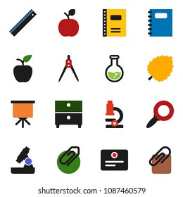 solid vector ixon set - copybook vector, ruler, drawing compass, apple fruit, microscope, certificate, presentation, archive, magnifier, flask, leaf, attachment