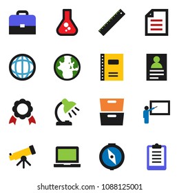solid vector ixon set - copybook vector, blackboard, ruler, case, telescope, table lamp, notebook pc, compass, medal, world, document, archive, personal information, flask, clipboard