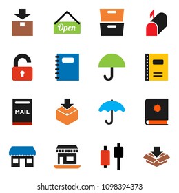 solid vector ixon set - copybook vector, archive, japanese candle, office, umbrella, package, mailbox, unlock, open, catalog