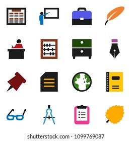solid vector ixon set - copybook vector, pen, blackboard, drawing compass, glasses, student, case, schedule, clipboard, paper pin, abacus, world, document, archive, leaf
