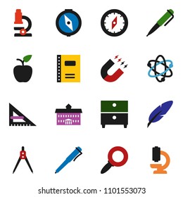 solid vector ixon set - copybook vector, pen, university, corner ruler, drawing compass, apple fruit, atom, microscope, magnet, archive, magnifier