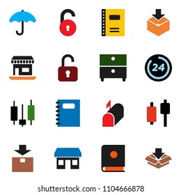 solid vector ixon set - copybook vector, archive, japanese candle, office, umbrella, package, unlock, mailbox, 24 hour, catalog