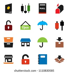 solid vector ixon set - copybook vector, archive, japanese candle, office, umbrella, package, mailbox, unlock, open, catalog