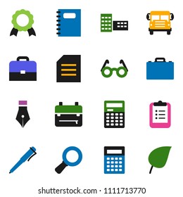 solid vector ixon set - copybook vector, pen, school building, glasses, case, backpack, calculator, clipboard, medal, bus, document, magnifier, leaf